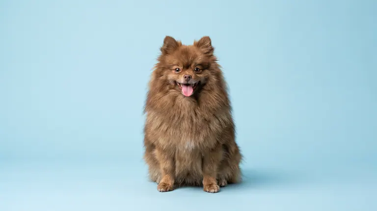 Spitz marrom em retrato de estúdio com fundo azul-pastel sólido